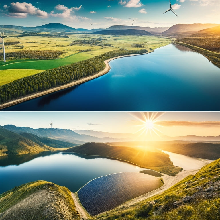 A vibrant landscape showcasing solar panels glistening under the sun, wind turbines gracefully spinning on rolling hills, and a sparkling river with hydroelectric dams, all representing diverse renewable energy sources in a harmonious environment.