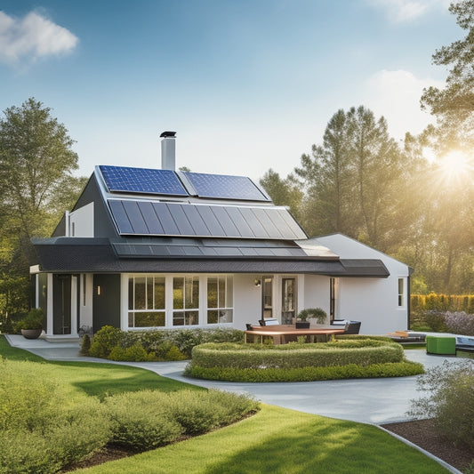 A serene suburban home with a sloping roof, covered in a mix of shiny black and sleek silver solar panels, surrounded by lush greenery and a bright blue sky with a few puffy white clouds.