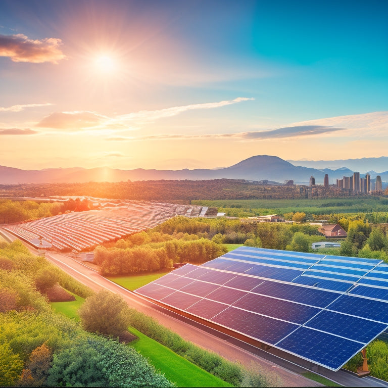 A vibrant landscape featuring solar panels on rooftops, wind turbines spinning gracefully in the background, and lush greenery, showcasing a bustling eco-friendly business district thriving with renewable energy solutions.