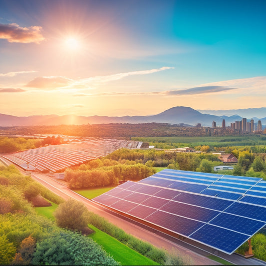 A vibrant landscape featuring solar panels on rooftops, wind turbines spinning gracefully in the background, and lush greenery, showcasing a bustling eco-friendly business district thriving with renewable energy solutions.