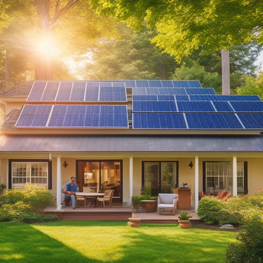 A suburban home with solar panels on the roof, a technician inspecting the panels, a bright sunny day, detailed close-ups of solar panel connectors, and a backdrop of lush green trees.