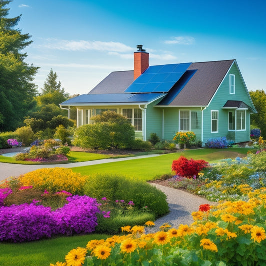 A serene suburban home with solar panels on the roof, a vibrant vegetable garden in the front yard, and a wind turbine in the background, surrounded by lush greenery and colorful flowers under a bright blue sky.