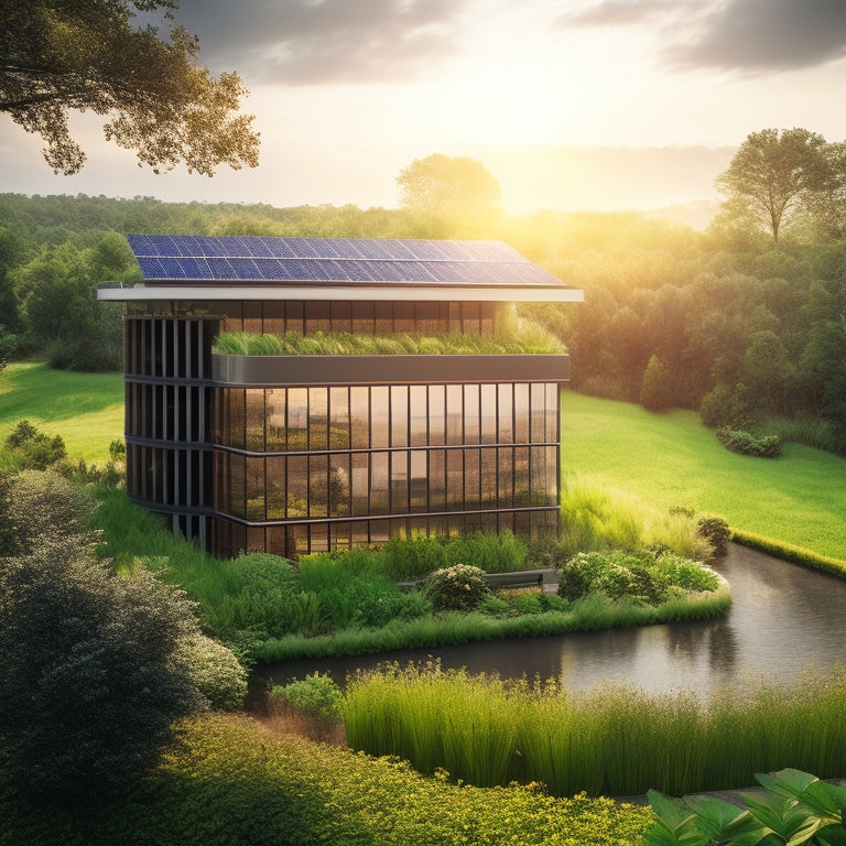 A modern eco-friendly building with solar panels on the roof, surrounded by lush greenery, rainwater harvesting systems, and vertical gardens, showcasing large windows that reflect sunlight and an inviting natural landscape.