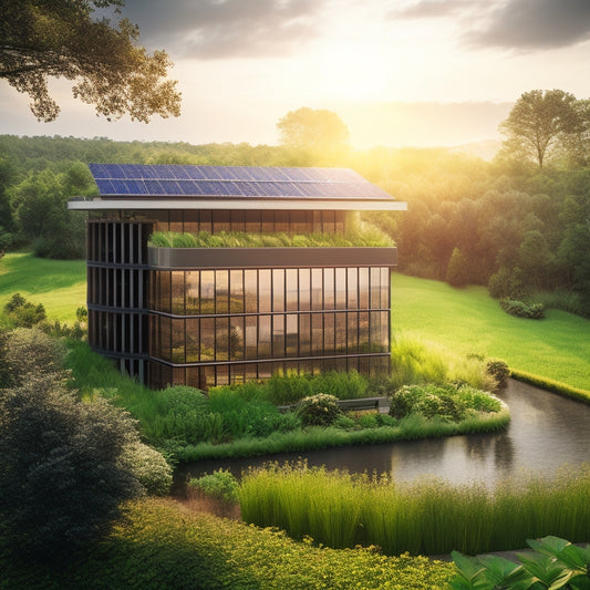 A modern eco-friendly building with solar panels on the roof, surrounded by lush greenery, rainwater harvesting systems, and vertical gardens, showcasing large windows that reflect sunlight and an inviting natural landscape.