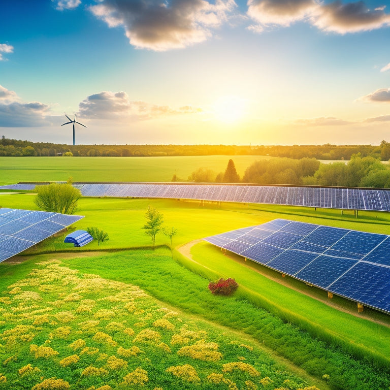 A vibrant landscape featuring solar panels on rooftops, wind turbines in the distance, lush green trees, and a community garden, all under a clear blue sky, symbolizing harmony between technology and nature.