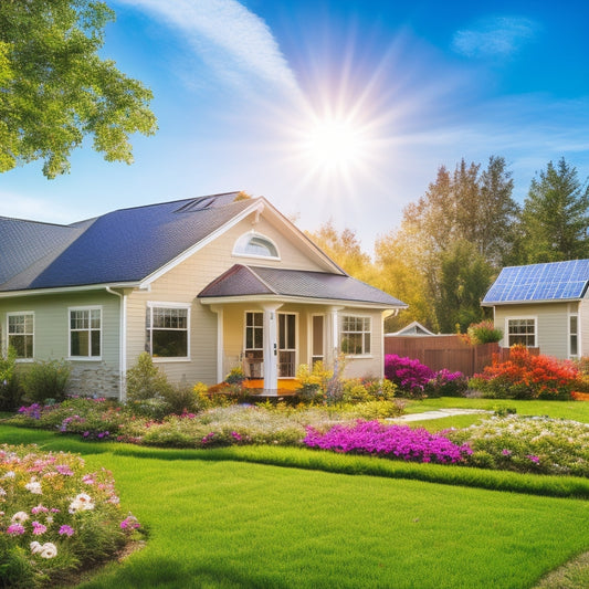 A sunlit suburban home with sleek solar panels on the roof, vibrant green grass, and blooming flowers in the yard. In the background, a clear blue sky with soft clouds, symbolizing sustainability and savings.