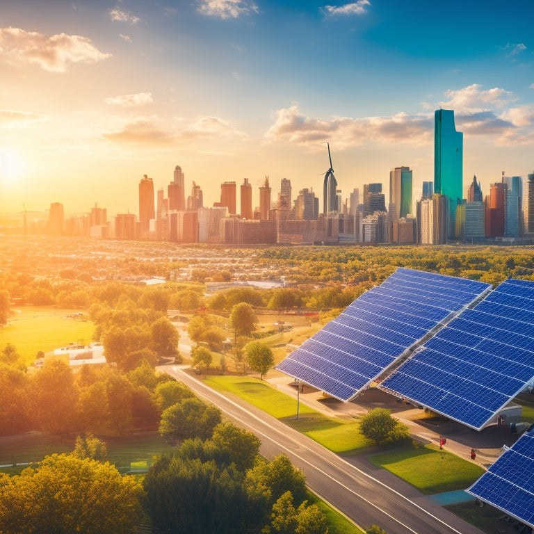 A vibrant city skyline featuring solar panels on rooftops, wind turbines in the distance, and lush green parks, with businesses thriving under bright sunlight, illustrating the benefits of green energy tax breaks for enterprises.