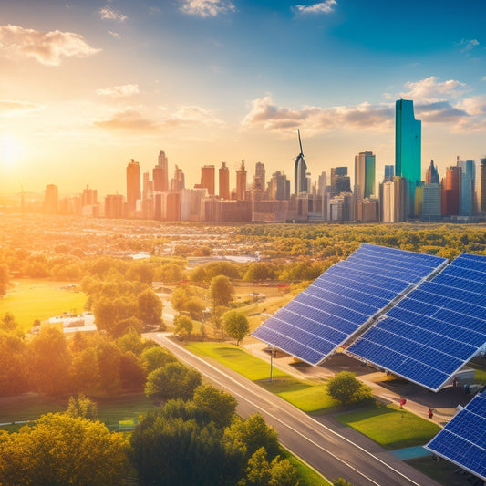 A vibrant city skyline featuring solar panels on rooftops, wind turbines in the distance, and lush green parks, with businesses thriving under bright sunlight, illustrating the benefits of green energy tax breaks for enterprises.
