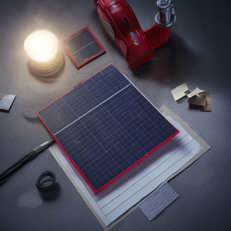 A broken solar panel with cracked glass and loose wiring, surrounded by scattered documents and a rejected claim form with a large red "X" stamped across it.