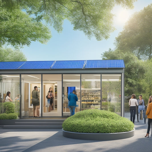 A bright, modern storefront with solar panels on the roof, surrounded by lush greenery, with a few shoppers browsing the outdoor display of sleek, high-tech solar equipment.