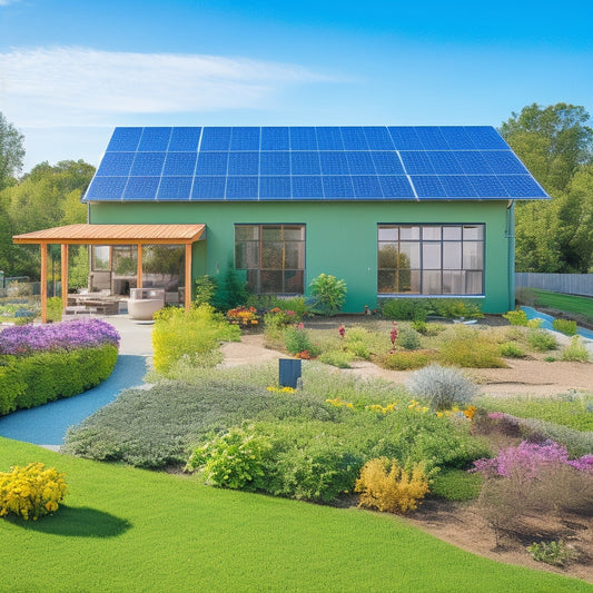 A serene sustainable home surrounded by solar panels, a wind turbine, and lush greenery, with a rainwater collection system and vibrant vegetable garden, under a clear blue sky, showcasing harmony with nature.