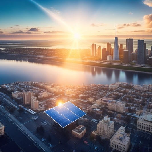 A stylized illustration of the United States with sunbeams radiating from select cities, each marked with a small solar panel icon, surrounded by subtle city skylines and gentle, swirly cloud formations.