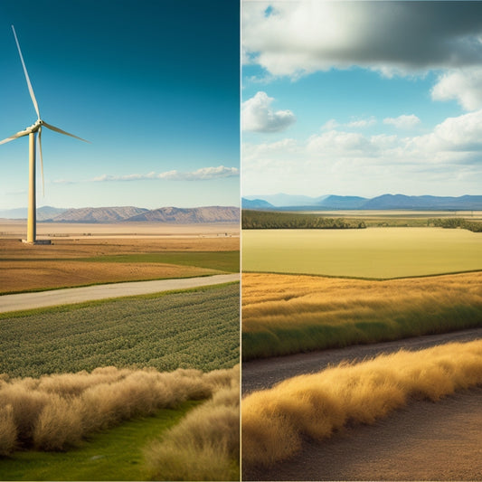 A split-screen image: a pristine landscape with a few wind turbines in the distance, versus a landscape littered with discarded solar panels, broken machinery, and polluted soil.