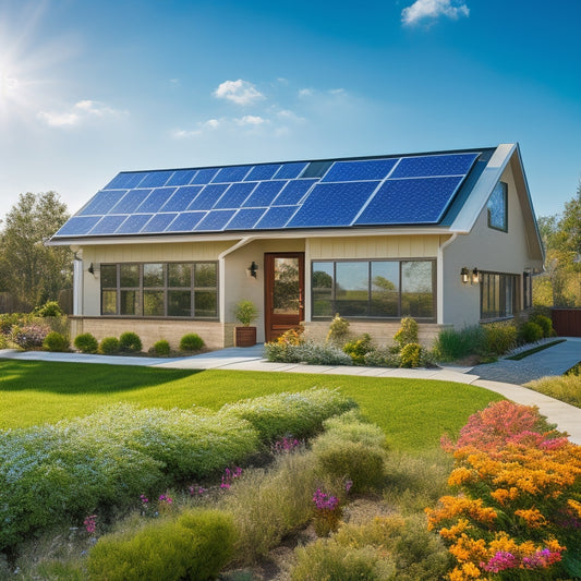 A modern suburban home with sleek solar panels on the roof, surrounded by vibrant green landscaping, butterflies fluttering around, a clear blue sky, and a sun shining brightly, symbolizing renewable energy and sustainability.
