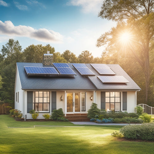 A serene suburban home with solar panels on the roof, surrounded by lush greenery, with a bright blue sky and fluffy white clouds, and a subtle glow emanating from the windows.