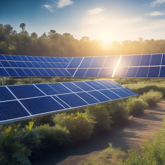 A futuristic solar panel farm with sleek, high-efficiency panels angled towards a radiant sun, surrounded by lush greenery, innovative tracking systems, and dynamic energy flow visualizations in a clear blue sky.