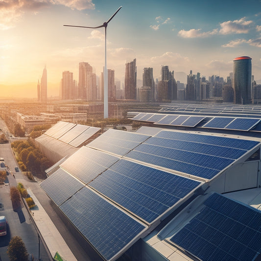 A futuristic cityscape with sleek, modern buildings, solar panels installed on rooftops, and a bright, sunny sky with a subtle green glow, symbolizing eco-friendliness and prosperity.