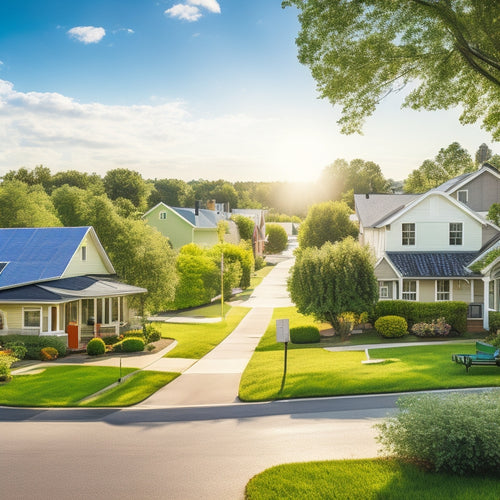 A serene, sun-kissed suburban street with a row of houses, each with solar panels installed on their rooftops, surrounded by lush green trees and a bright blue sky.