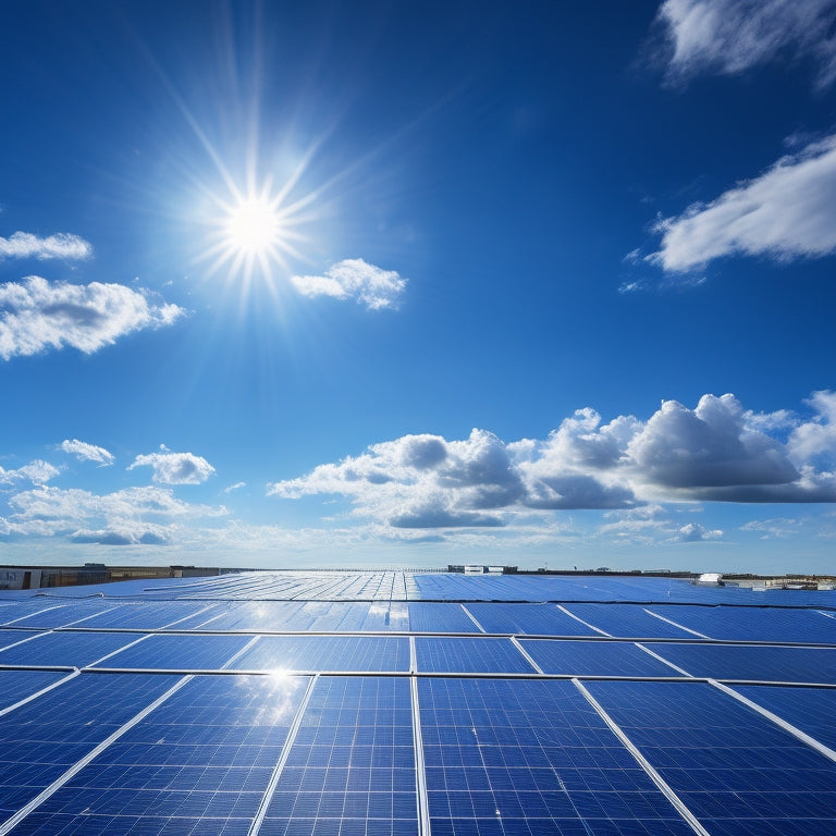 A bright blue sky with fluffy white clouds above a commercial building's rooftop, where several rows of sleek, black solar panels are installed, with a subtle sun glare effect.