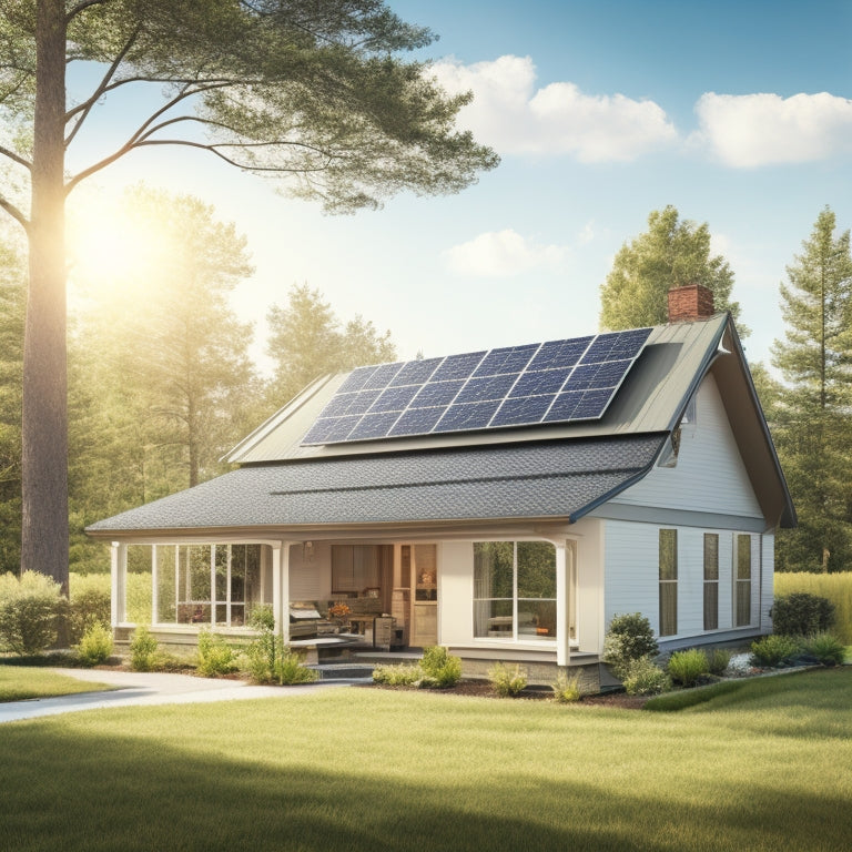 An illustration of a typical suburban home with a pitched roof, surrounded by trees and a sunny sky, featuring a cluster of solar panels on the roof, with measuring tapes and calculators scattered around.