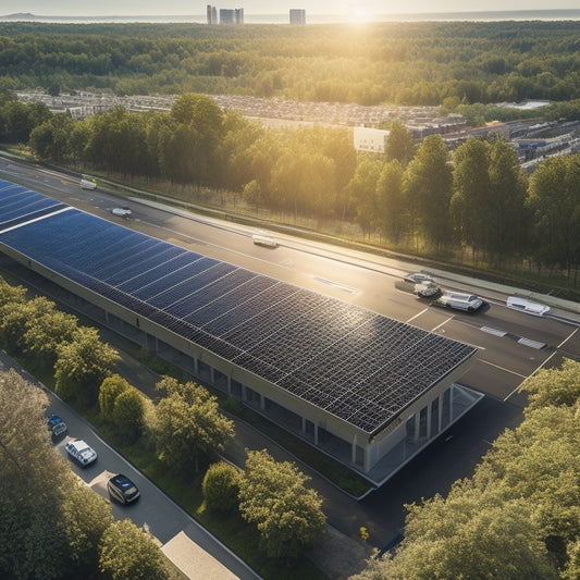 An aerial view of a modern office building with a sleek, silver roof, partially covered with rows of shiny black solar panels, amidst a bustling cityscape with trees and roads.