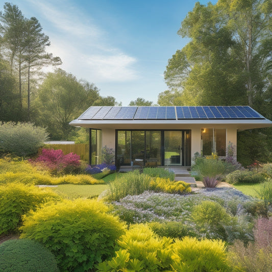 A serene eco-friendly home surrounded by lush greenery, featuring solar panels on the roof, vibrant garden with native plants, and a bright blue sky with soft, fluffy clouds, emphasizing sustainability and harmony with nature.