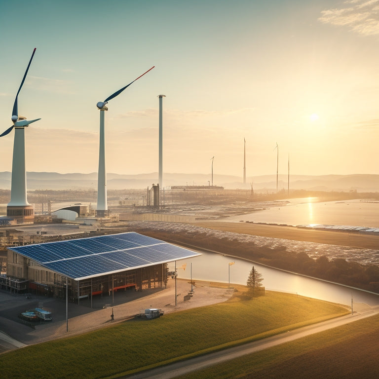 A serene, sunlit industrial landscape featuring a large, modern wind turbine and a sprawling solar panel array in the foreground, with factory buildings and smokestacks in the background.