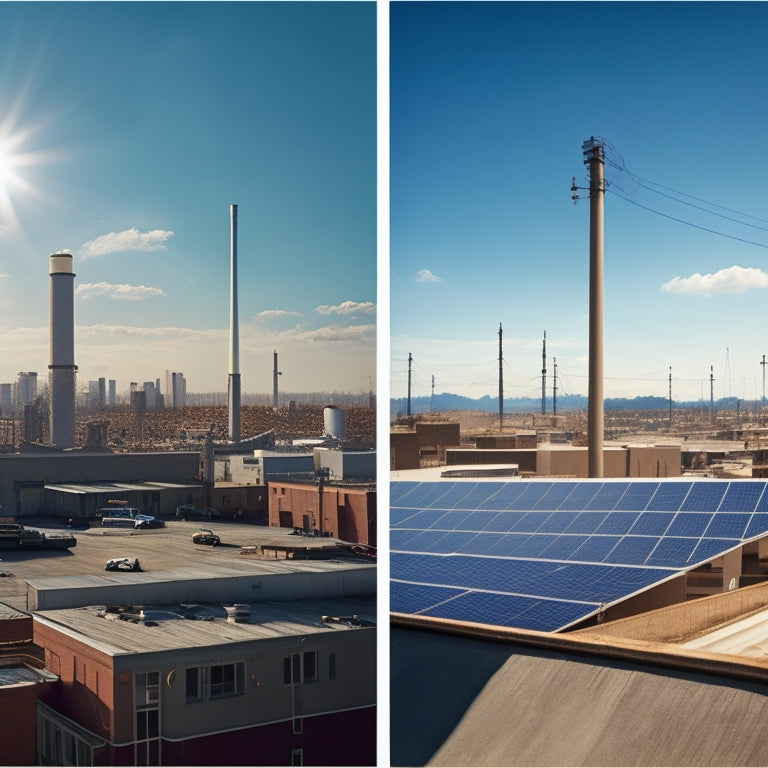 A split-screen image: a sunny rooftop with sleek, black solar panels versus a cluttered, polluting industrial landscape with smokestacks and tangled power lines.