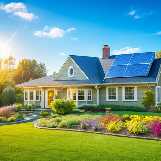 A sunlit suburban home with solar panels on the roof, surrounded by a lush green lawn, vibrant flowers, and a clear blue sky, highlighting energy savings and sustainability in a warm, inviting atmosphere.