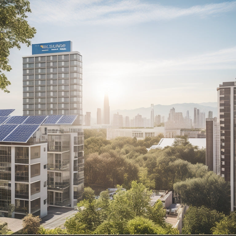 A serene cityscape with sleek, modern buildings, rooftops adorned with gleaming solar panels, surrounded by lush greenery, under a bright blue sky with a few white, puffy clouds.