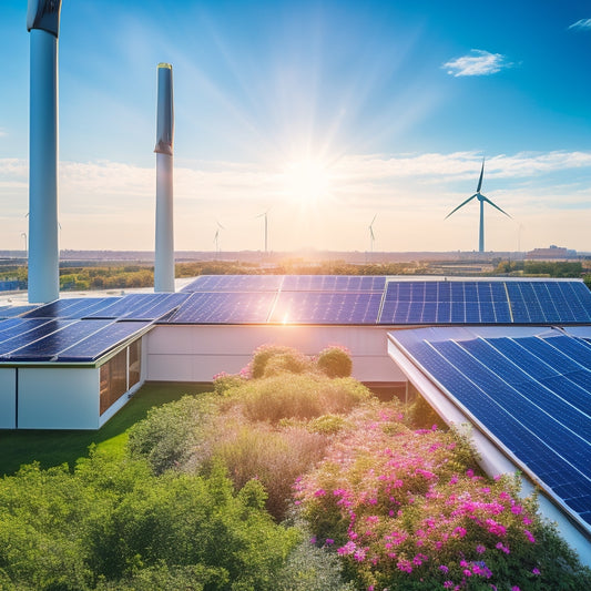 A vibrant rooftop adorned with sleek solar panels, reflecting sunlight, surrounded by lush greenery, with futuristic wind turbines in the background and energy-efficient buildings showcasing innovative designs under a bright blue sky.