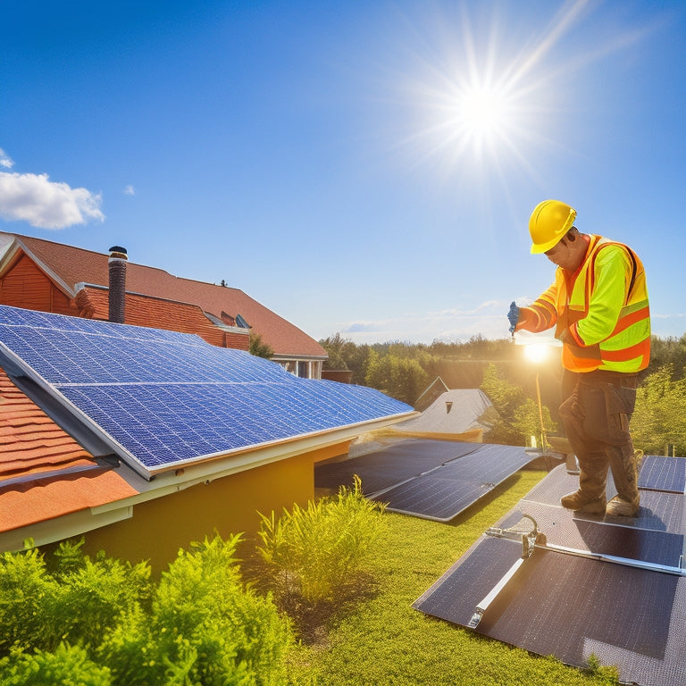 A serene backyard scene with a homeowner in a yellow hard hat and gloves, holding a wrench, standing on a ladder, assembling a solar panel array on a roof with a sunny blue sky.