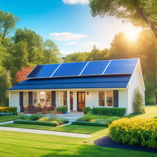 A serene suburban home with a sloping roof, covered in sleek black solar panels, surrounded by lush greenery, with a bright blue sky and fluffy white clouds in the background.