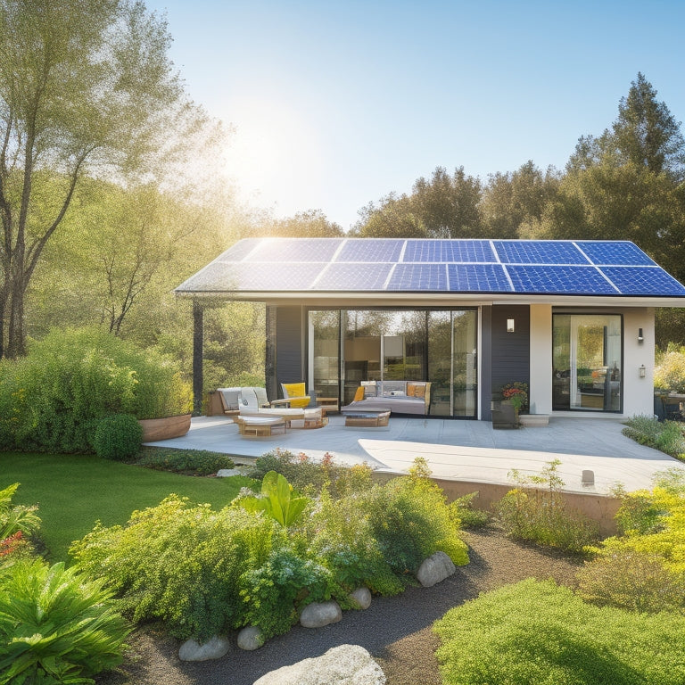 A lush, sunlit garden featuring a modern home with solar panels on the roof, surrounded by vibrant greenery, energy-efficient appliances on the patio, and a rainwater collection system, all under a bright blue sky.