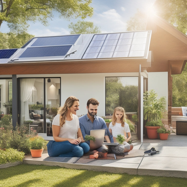 A bright, sunlit home with solar panels on the roof, surrounded by lush greenery, a laptop open on a table with a shopping cart icon on the screen, and a family looking at it excitedly.