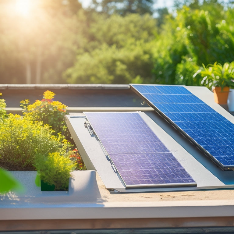 A vibrant solar panel installation on a sunny rooftop, surrounded by lush greenery, with an open notebook and calculator on a table nearby, symbolizing financial planning and eco-friendly energy solutions.