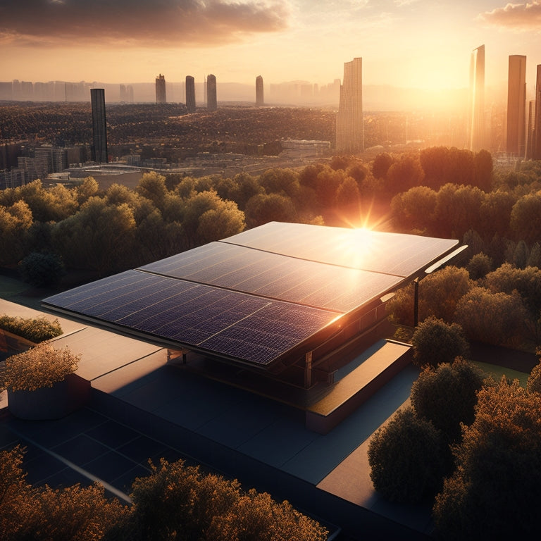 A futuristic rooftop with sleek, black solar panels of varying sizes and angles, surrounded by cityscape and trees, with sunlight casting a warm glow and subtle shadows.