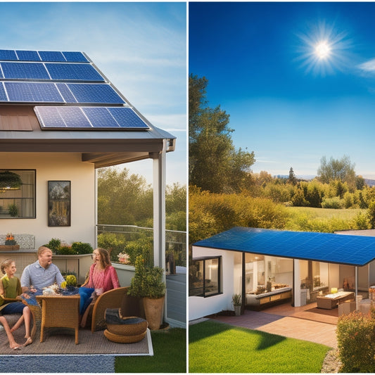 A split image showcasing a sun-drenched rooftop with solar panels installed, contrasted with a vibrant backyard scene featuring a happy family enjoying their solar-powered home, symbolizing the benefits of solar leasing and buying.