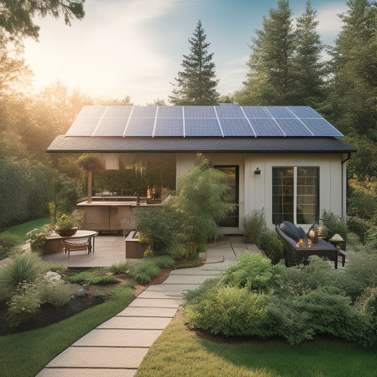 A serene backyard with a modern solar panel array installed on the roof of a cozy, earth-toned house, surrounded by lush greenery and a few DIY-inspired tools scattered around.