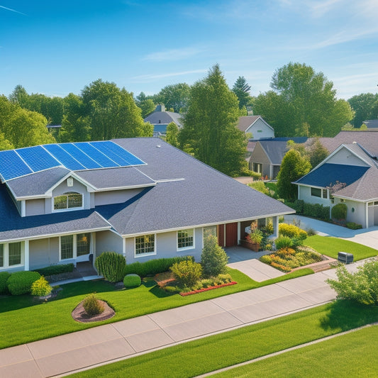 Bright, sunlit suburban homes with sleek solar panels on the rooftops, surrounded by lush green lawns and trees, showcasing a clean, sustainable neighborhood with a clear blue sky in the background.