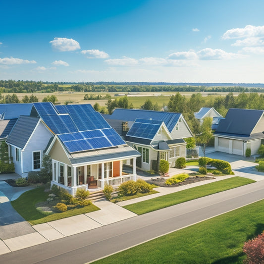 A serene suburban landscape with 7 different houses, each featuring a unique solar panel installation, with varying roof angles and panel arrangements, against a bright blue sky with fluffy white clouds.