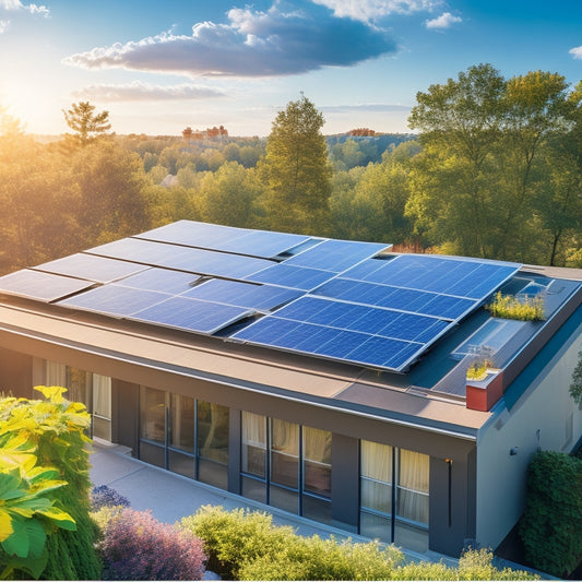 A sleek rooftop adorned with modern, high-efficiency solar panels glistening under the bright sun, surrounded by a pristine blue sky, and a backdrop of lush, green trees, showcasing sustainable energy in a residential neighborhood.