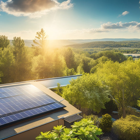 A sunlit rooftop adorned with solar panels, surrounded by lush greenery, showcasing a thermometer, a cloud, and a nearby tree casting shadows, illustrating temperature, weather, and shading effects on solar panel efficiency.