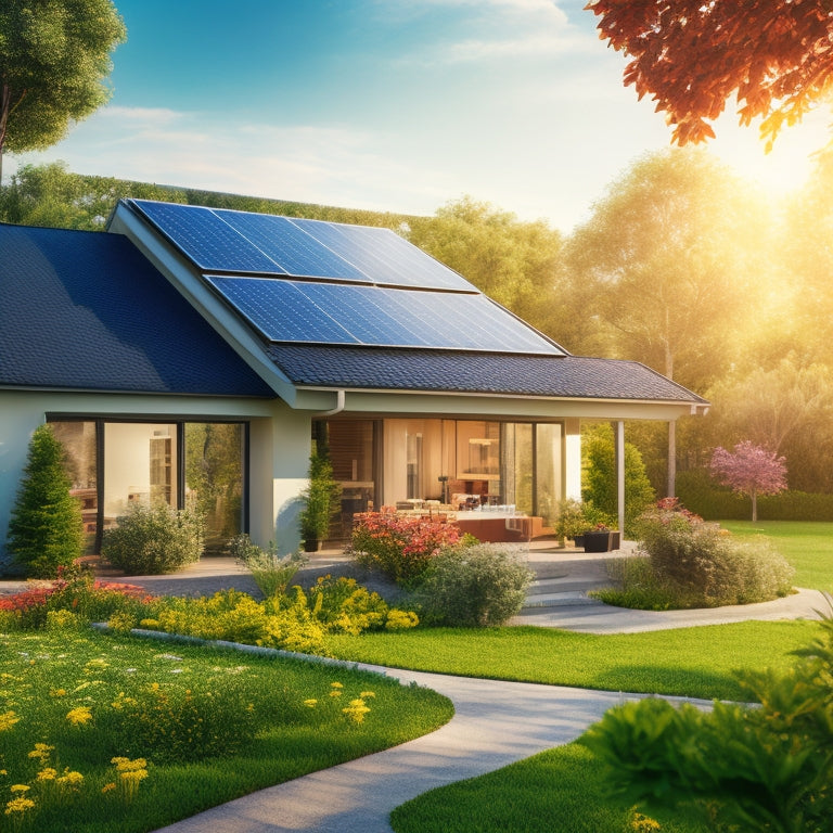A modern eco-friendly home with sleek solar panels on the roof, surrounded by lush green gardens, vibrant flowers, and a clear blue sky, showcasing harmony between nature and sustainable energy.