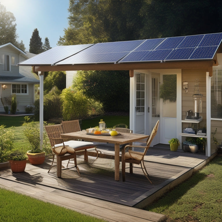 A sunny backyard with a clipboard, calculator, and measuring tape on a patio table, surrounded by solar panels and a house with a partially shaded roof.