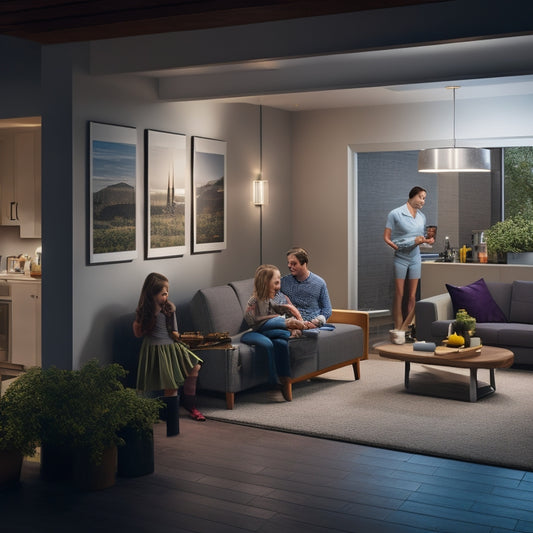 A modern basement filled with sleek, wall-mounted battery storage systems, solar panels visible through a window, energy management displays glowing softly, and a family engaging in energy-efficient home practices.
