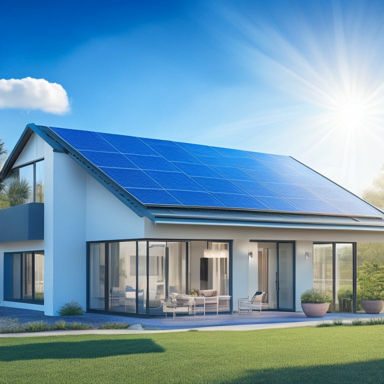 An illustration of a modern home with a bright blue sky, surrounded by 3 large, sleek solar panels on the roof, with a subtle grid of electrical wires and a small inverter in the background.