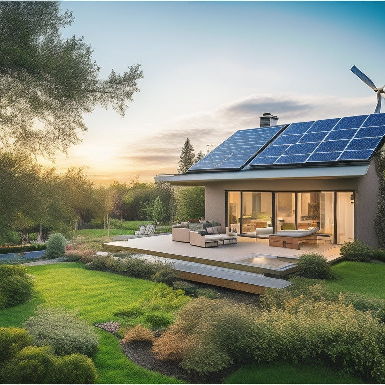 A vibrant scene of a modern home with solar panels on the roof, a wind turbine in the yard, and lush greenery surrounding a glowing energy-efficient garden, showcasing sustainability and innovation in harmony.
