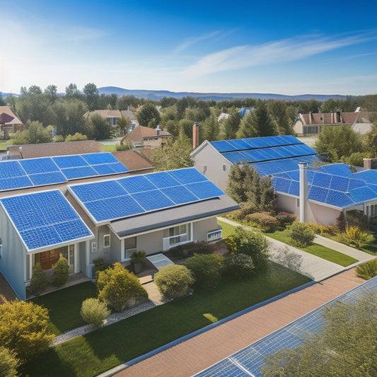 A bright blue sky with 10 distinct solar panels of varying sizes and designs, arranged in a staggered pattern, against a subtle background of a residential neighborhood with rooftops and trees.