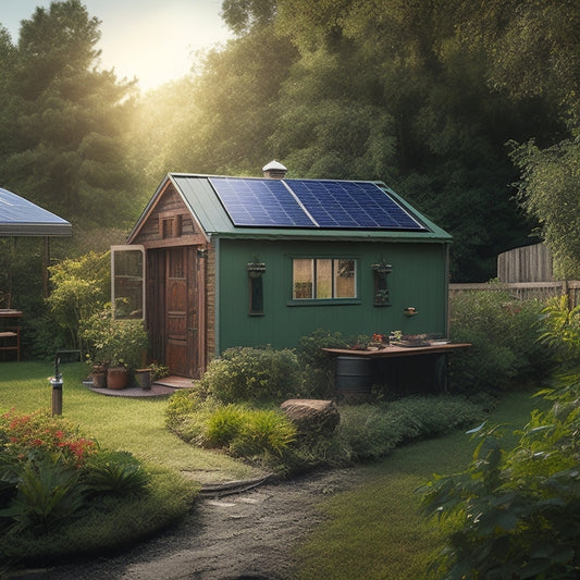 A serene backyard with a small, rusty-roofed house, surrounded by lush greenery, featuring a DIY solar panel setup on a wooden stand, with wires and a battery in the foreground.